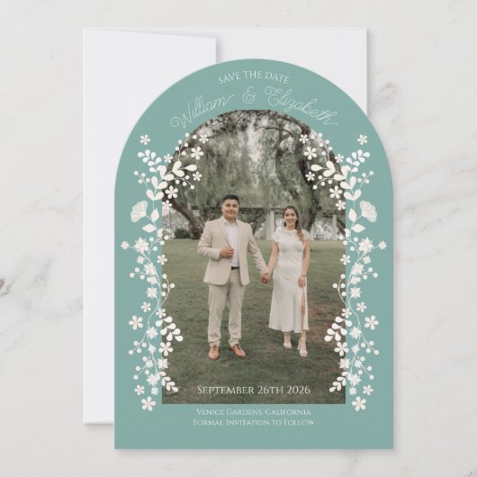 Invitation Romantic Teal Eucalyptus Floral Arch Save the Date (Devant)