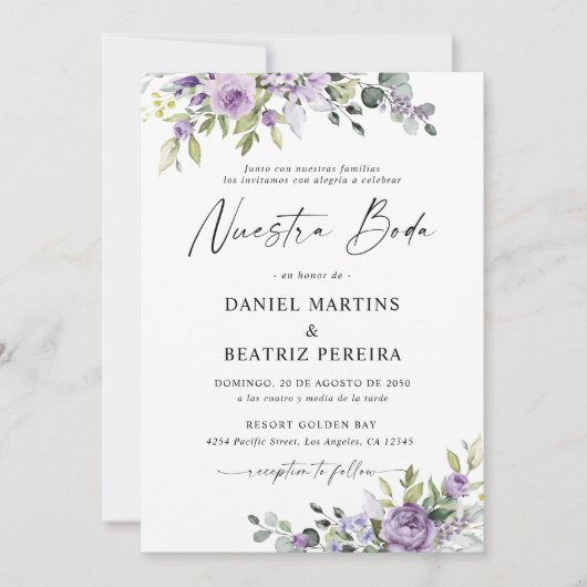 Invitation Romantic Violet Flowers Wedding Reception (Devant)