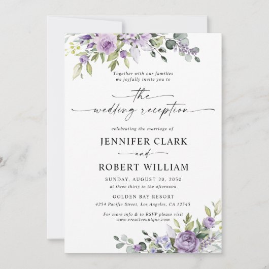 Invitation Romantic Violet Flowers Wedding Reception (Devant)