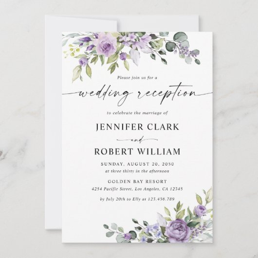 Invitation Romantic Violet Flowers Wedding Reception (Devant)