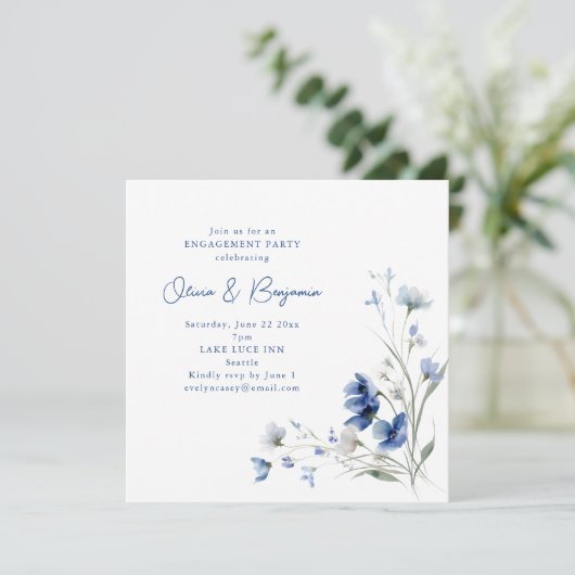 Invitation Romantic Watercolor Blue Floral Engagement Party (Debout devant)