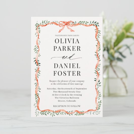 Invitation Romantic Watercolor Greenery Red Bow Wedding (Debout devant)
