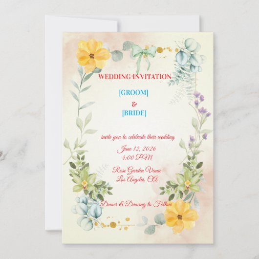 Invitation Romantic Watercolor Pink & Yellow Flower Wedding  (Devant)