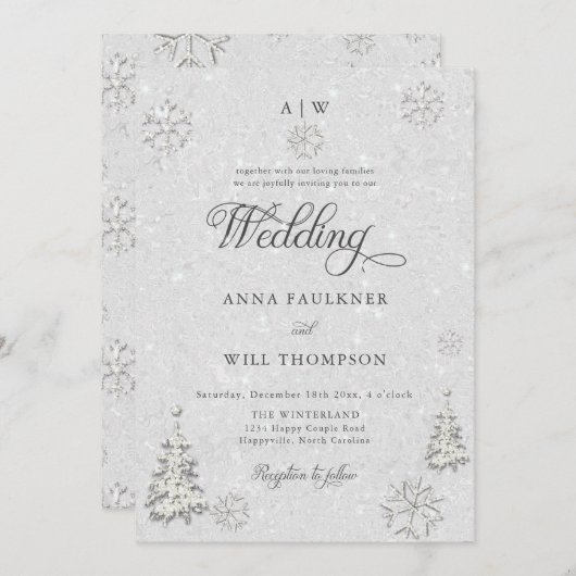 Invitation Romantic Winter Wonderland Snowflake Crest Mariage (Devant / Derrière)