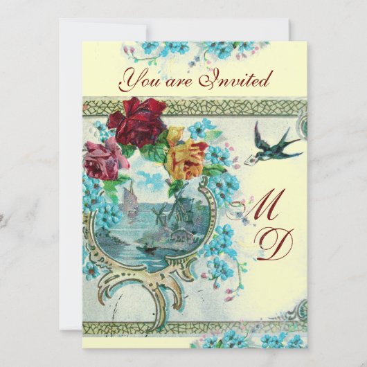 INVITATION ROMANTİCA 3 ÉLÉGANT OR BLEU MARIAGE MONOGRAMME (Devant)