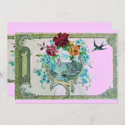 Invitation ROMANTICA 3 Fête de mariage floral bleu rose (Devant / Derrière)