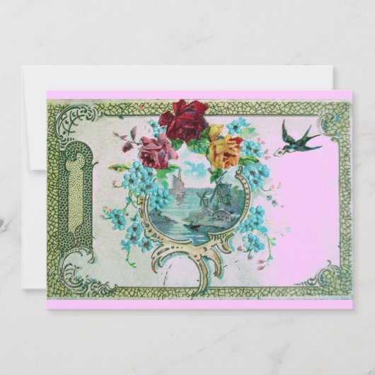 Invitation ROMANTICA 3 Fleur Bleu Rose Fête de Mariage (Devant)