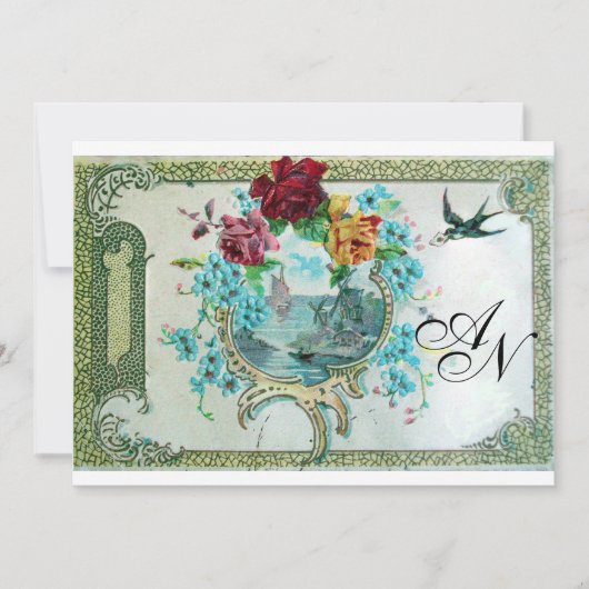 Invitation ROMANTİCA 3 MONOGRAM, Fête de Mariage Bleu Blanc (Devant)