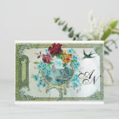 Invitation ROMANTİCA 3 MONOGRAM, Fête de Mariage Bleu Blanc (Debout devant)