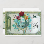 Invitation ROMANTİCA 3 MONOGRAM, Fête de Mariage Bleu Blanc (Devant / Derrière)