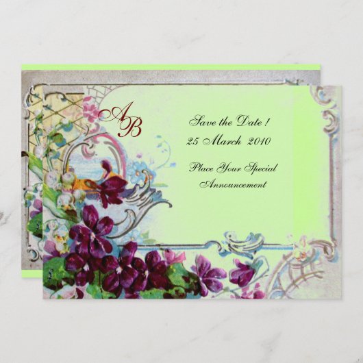 Invitation ROMANTICA 4 MONOGRAM, Soirée de Mariage vert viole (Devant / Derrière)