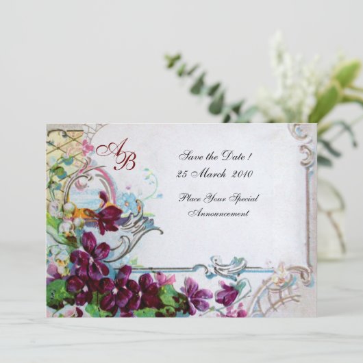 Invitation ROMANTICA 4 MONOGRAM Violet Blanc Mariage (Debout devant)