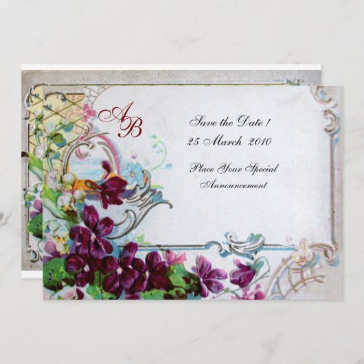 Invitation ROMANTICA 4 MONOGRAM Violet Blanc Mariage (Devant / Derrière)