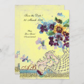 Invitation ROMANTICA Bleu rose Jaune Floral Mariage Monogramm (Devant / Derrière)