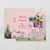 Invitation ROMANTICA Fleurs Violettes Bleues Roses Mariage Pe (Devant / Derrière)