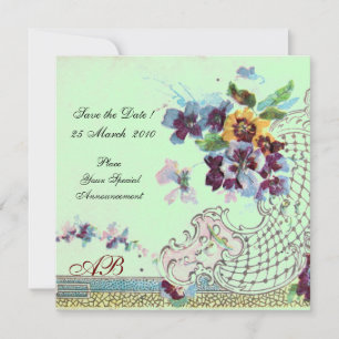 Invitation ROMANTICA Floral Bleu Rose Vert Mariage Monogramme