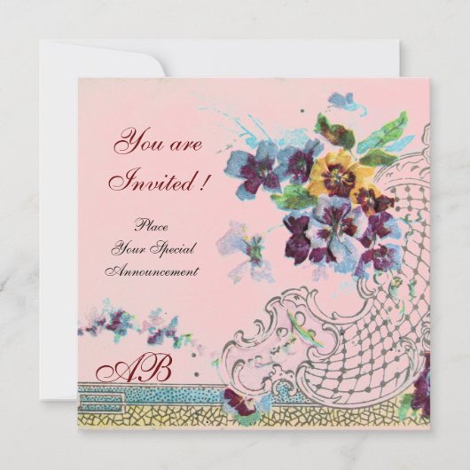 Invitation ROMANTICA Floral Pensées Mariage Bleu Violet Rose (Devant)