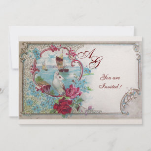 Invitation ROMANTICA MONOGRAM, champagne blanc rose rouge