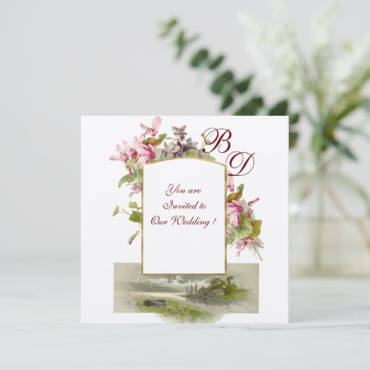 Invitation ROMANTİCA MONOGRAM /CYCLAMENS, champagne vert rose (Debout devant)