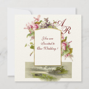 Invitation ROMANTİCA MONOGRAM /CYCLAMENS, crème verte rose