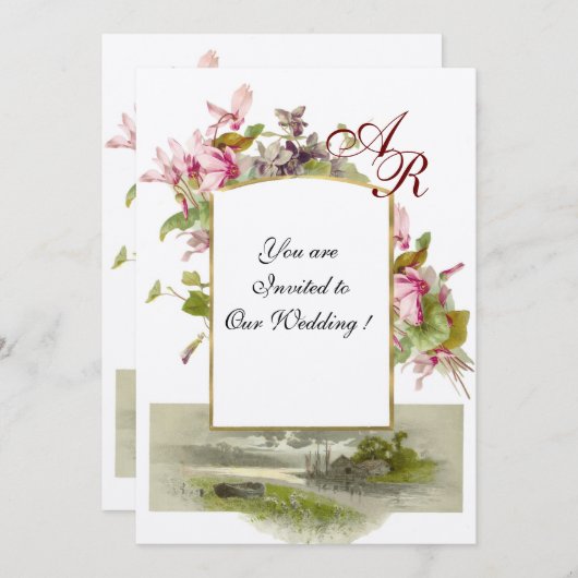 Invitation ROMANTİCA MONOGRAM /CYCLAMENS, feutre vert rose (Devant / Derrière)