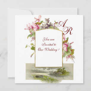 Invitation ROMANTİCA MONOGRAM /CYCLAMENS, vert rose blanc