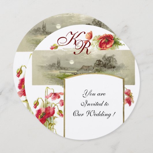 Invitation ROMANTİCA MONOGRAM / POPIES, rouge, vert, champagn (Devant / Derrière)