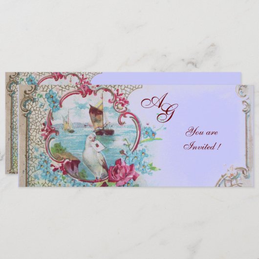 Invitation ROMANTICA MONOGRAM, rouge blanc bleu rose (Devant / Derrière)