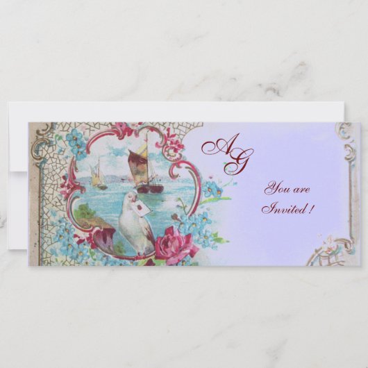 Invitation ROMANTICA MONOGRAM, rouge blanc bleu rose (Devant)