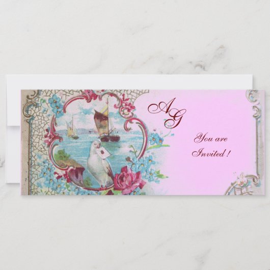 Invitation ROMANTICA MONOGRAM, rouge blanc bleu rose (Devant)