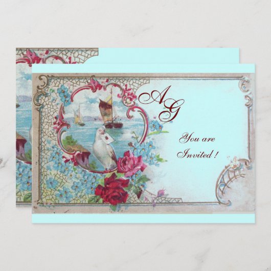 Invitation ROMANTICA MONOGRAM, rouge blanc bleu rose (Devant / Derrière)