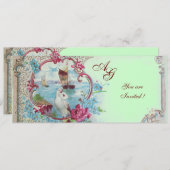 Invitation ROMANTICA  MONOGRAM, rouge blanc bleu rose vert (Devant / Derrière)