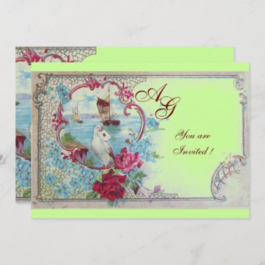 Invitation ROMANTICA MONOGRAM, rouge blanc rose (Devant / Derrière)