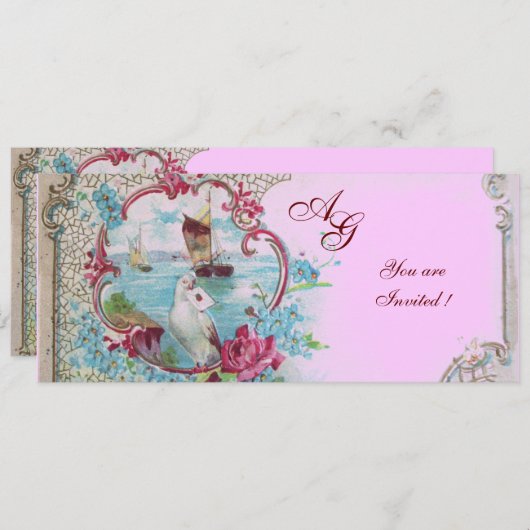 Invitation ROMANTICA MONOGRAM, rouge blanc rose (Devant / Derrière)