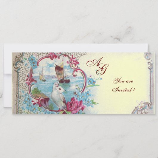 Invitation ROMANTICA  MONOGRAM, rouge bleu rose blanc champag (Devant)