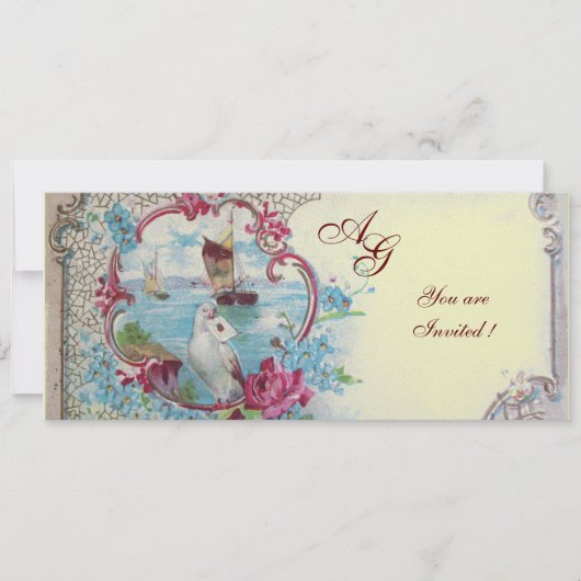 Invitation ROMANTICA  MONOGRAM, rouge  bleu rose blanc glace (Devant)