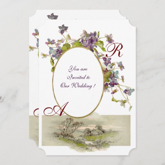 Invitation ROMANTİCA MONOGRAM / VIOLETS, vert violet, blanc (Devant / Derrière)