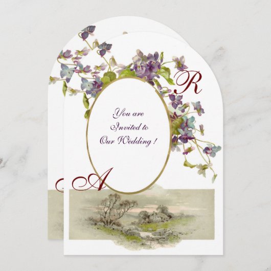 Invitation ROMANTİCA MONOGRAM /VIOLETS, vert violet blanc (Devant / Derrière)