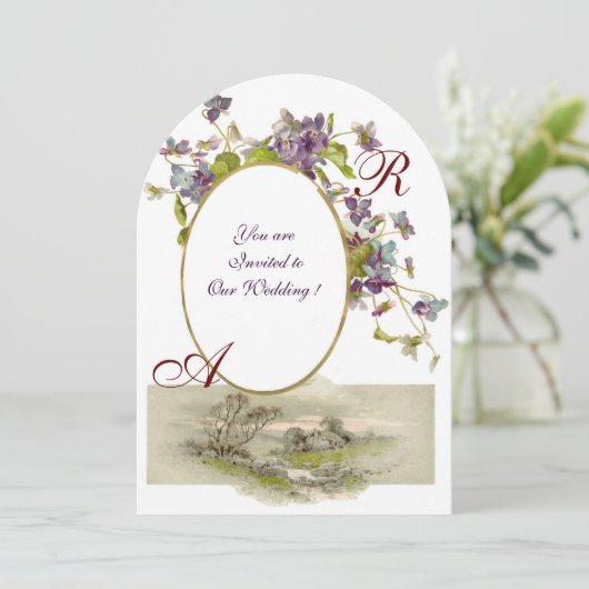 Invitation ROMANTİCA MONOGRAM /VIOLETS, vert violet blanc (Debout devant)