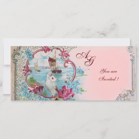 Invitation ROMANTICA MONOGRAMME, rouge blanc bleu rose (Devant)