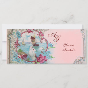 Invitation ROMANTICA  MONOGRAMME, rouge blanc bleu rose