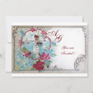 Invitation ROMANTICA MONOGRAMME, rouge blanc bleu rose