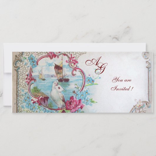 Invitation ROMANTICA MONOGRAMME, rouge blanc bleu rose (Devant)