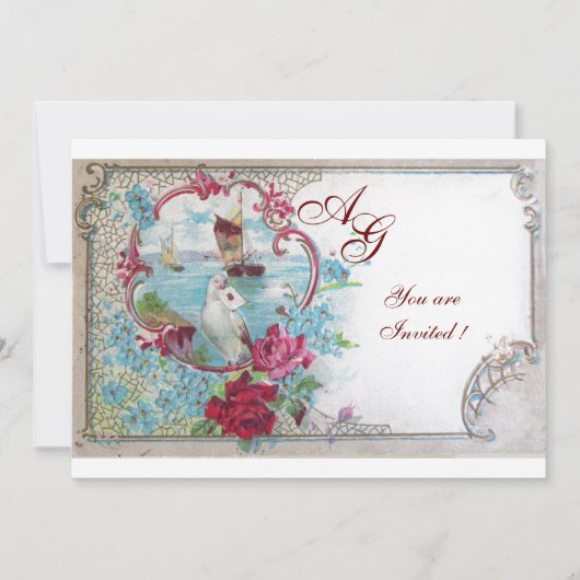 Invitation ROMANTICA MONOGRAMME, rouge blanc bleu rose (Devant)