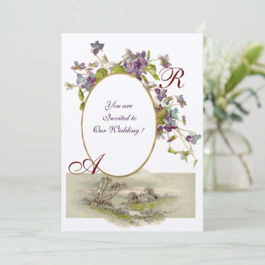 Invitation ROMANTICA MONOGRAMME /VIOLETS,vert violet, champag (Debout devant)