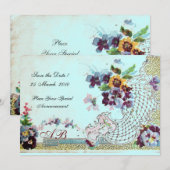 Invitation ROMANTİCA Rose Turquoise Bleu Monogramme de Fleurs (Devant / Derrière)