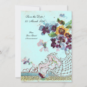Invitation ROMANTİCA Rose Turquoise Bleu Monogramme Floral de