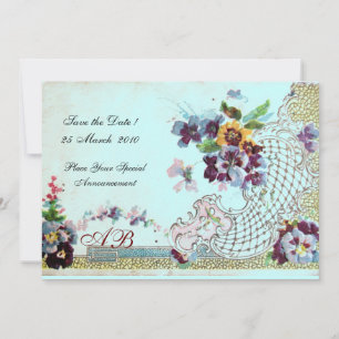 Invitation ROMANTİCA Rose Turquoise Bleu Monogramme Floral de