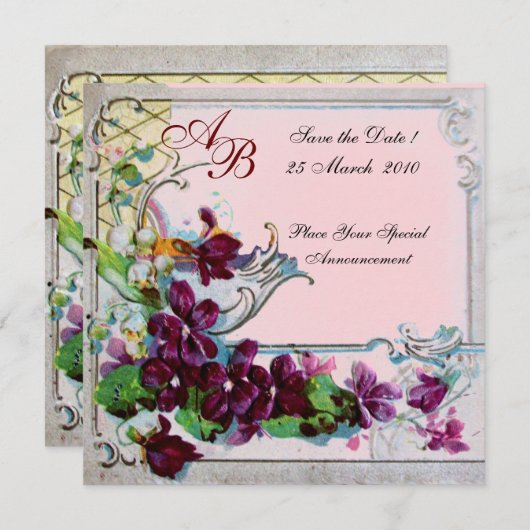 Invitation ROMANTIQUE 4 MONOGRAMME, Rose (Devant / Derrière)