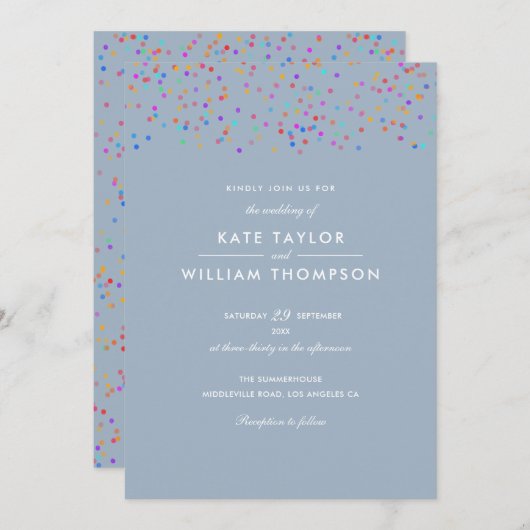 Invitation Romantique arc-en-ciel Confetti Dusty Mariage bleu (Devant / Derrière)